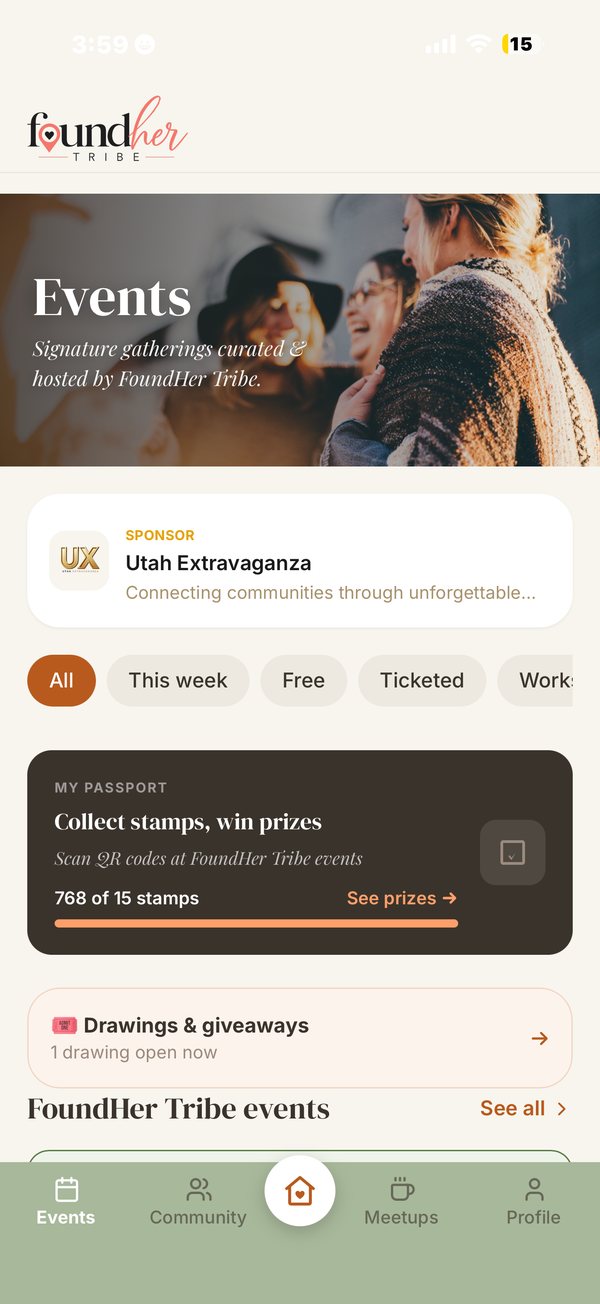 FoundHer Tribe events screen with event filters, a stamp passport and drawings and giveaways