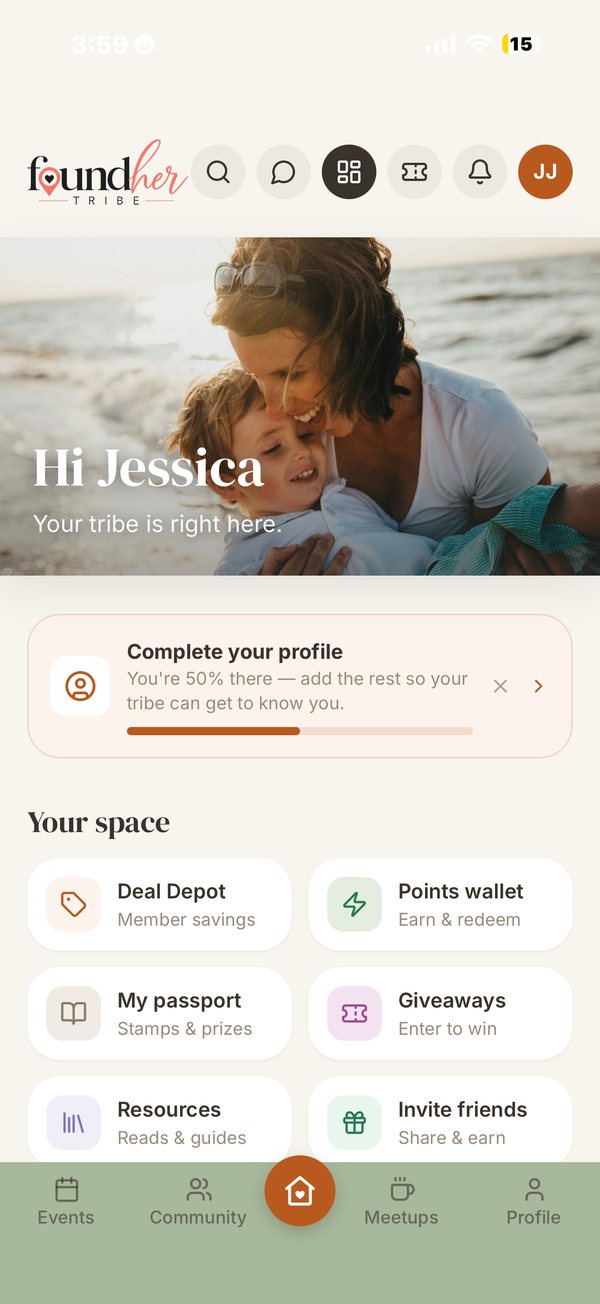FoundHer Tribe home screen with shortcuts to Deal Depot, points wallet, passport and giveaways