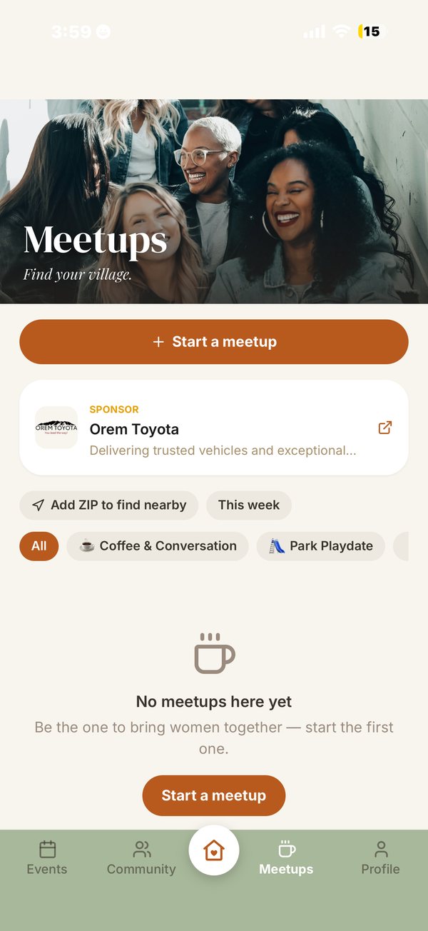 FoundHer Tribe meetups screen with a Start a meetup button and meetup categories