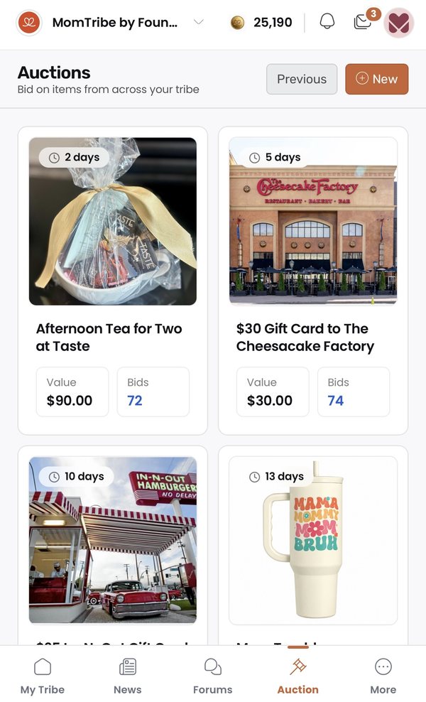 MomTribe auctions screen with prizes members can bid on