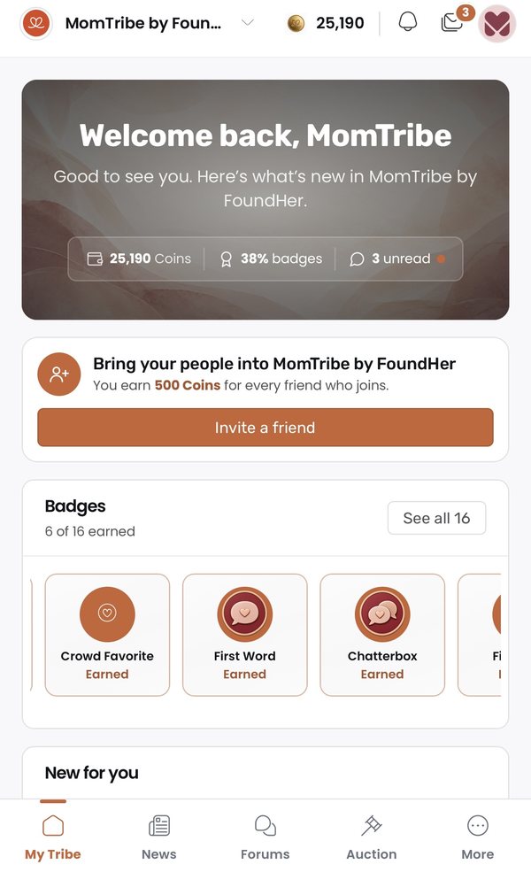 MomTribe home screen with a coins balance, an invite-a-friend reward and earned badges